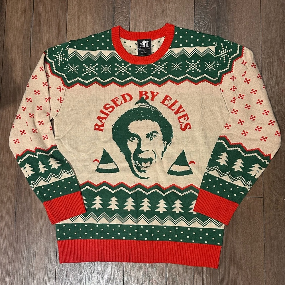 ELF Festive Crewneck Sweater - Green, Red, and Cream